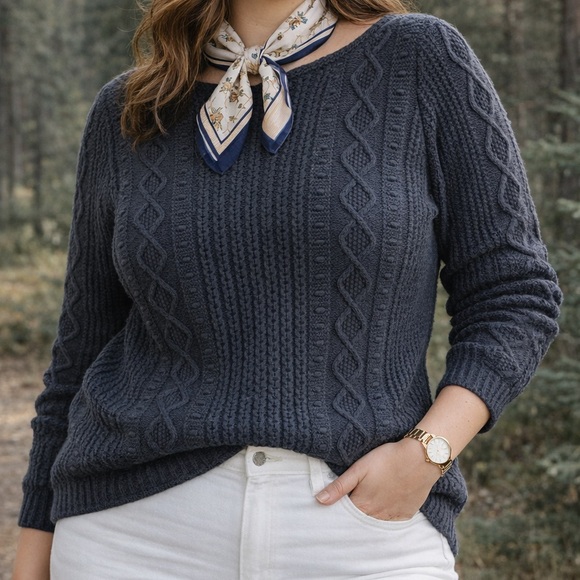 JEANNE PIERRE Sweaters - 100% Cotton Navy Cable Knit Sweater